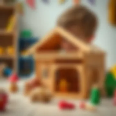Creativity in Action: Children with Toy Houses Child engaging with a wooden toy house, enhancing creativity.