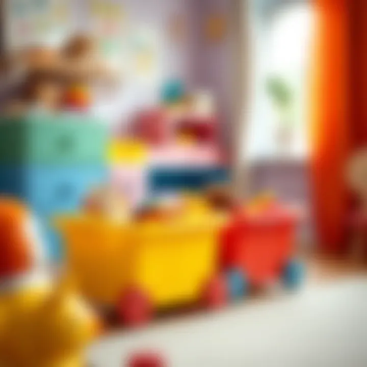 Colorful wheeled toy storage boxes in a child's room