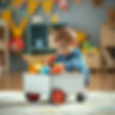 Child playing with toys from a wheeled storage box