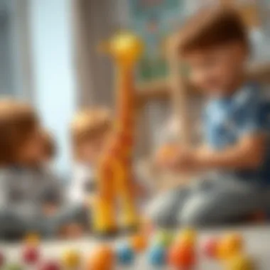 Children playing with a telescopic suction giraffe toy, highlighting engagement and fun