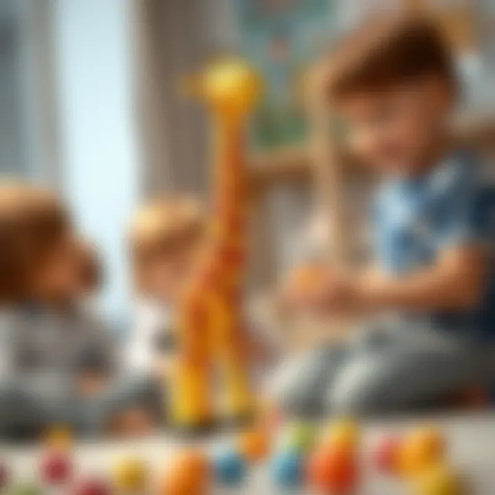 Children playing with a telescopic suction giraffe toy, highlighting engagement and fun