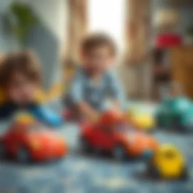 Children playing with toy cars on a carpet
