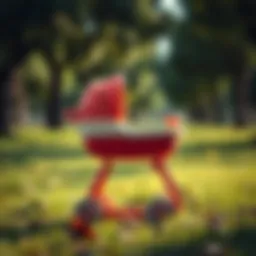 A beautifully designed toy stroller in a park setting