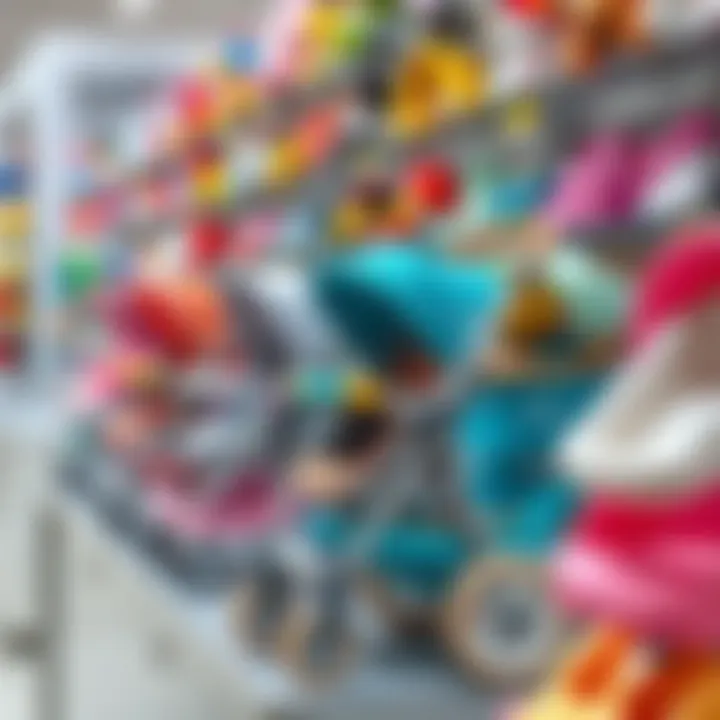 Different brands of toy strollers displayed on a shop shelf