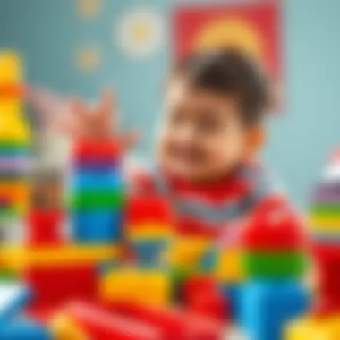 A child joyfully playing with colorful building blocks