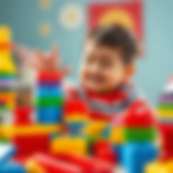 A child joyfully playing with colorful building blocks