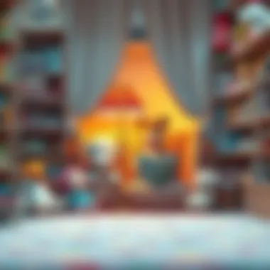 A cozy reading nook in a toy shop with plush toys and books