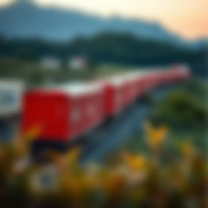 A freight train loaded with containers passing through a scenic landscape.