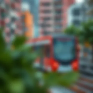 A light rail train navigating through an urban environment.