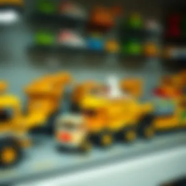 Different types of mine cart toys displayed on a shelf.
