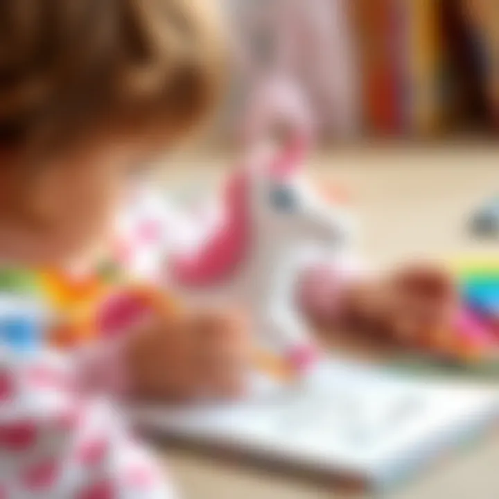 A child drawing a unicorn in a colorful notebook