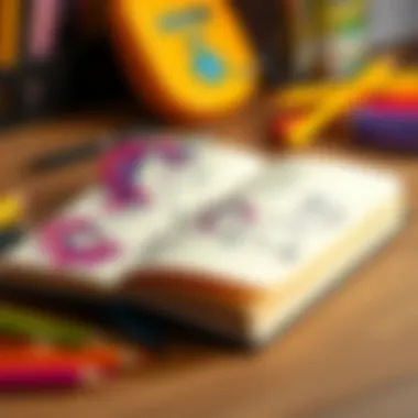 A vibrant unicorn-themed notebook spread open with drawings