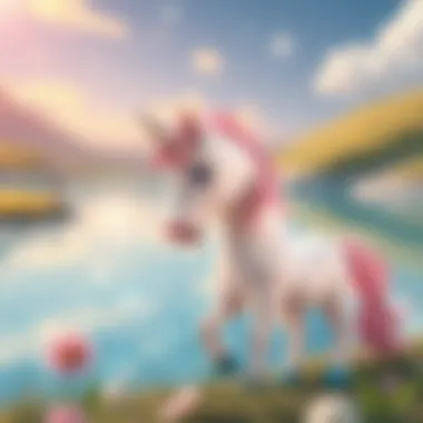 A serene landscape featuring a unicorn by a sparkling lake