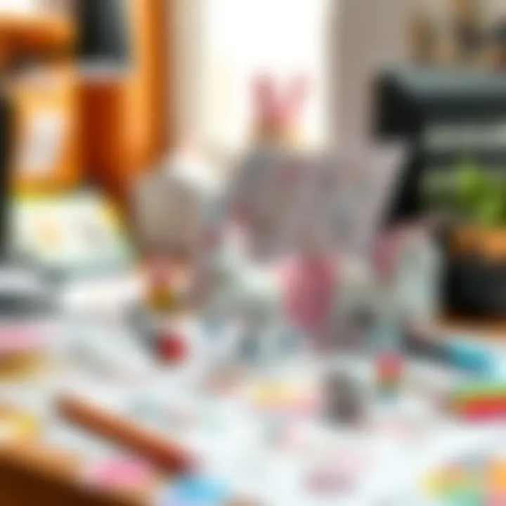 Colorful stickers and drawings of unicorns scattered on a desk