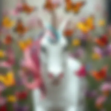 A whimsical unicorn surrounded by colorful butterflies