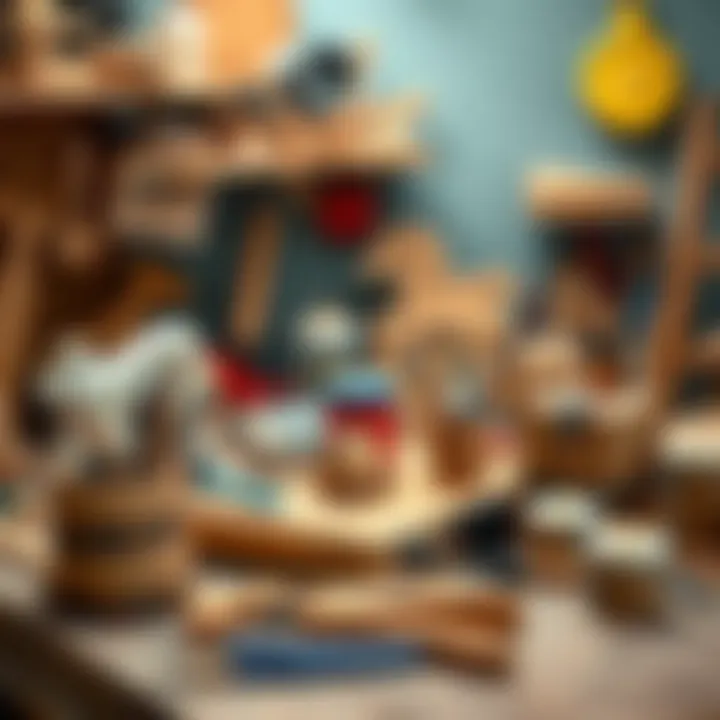 An organized workspace with wood painting tools and safety materials