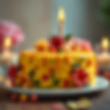 Artistic Yellow Cake with Floral Elements Artistic presentation of a yellow birthday cake with floral elements