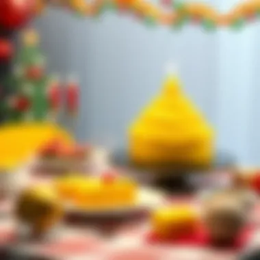 Festive Table Setting with Yellow Cake A vibrant table setting featuring a yellow cake as the centerpiece
