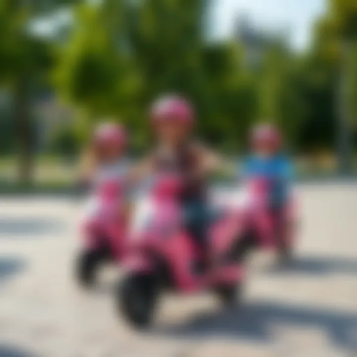 Children riding pink electric scooters in a park